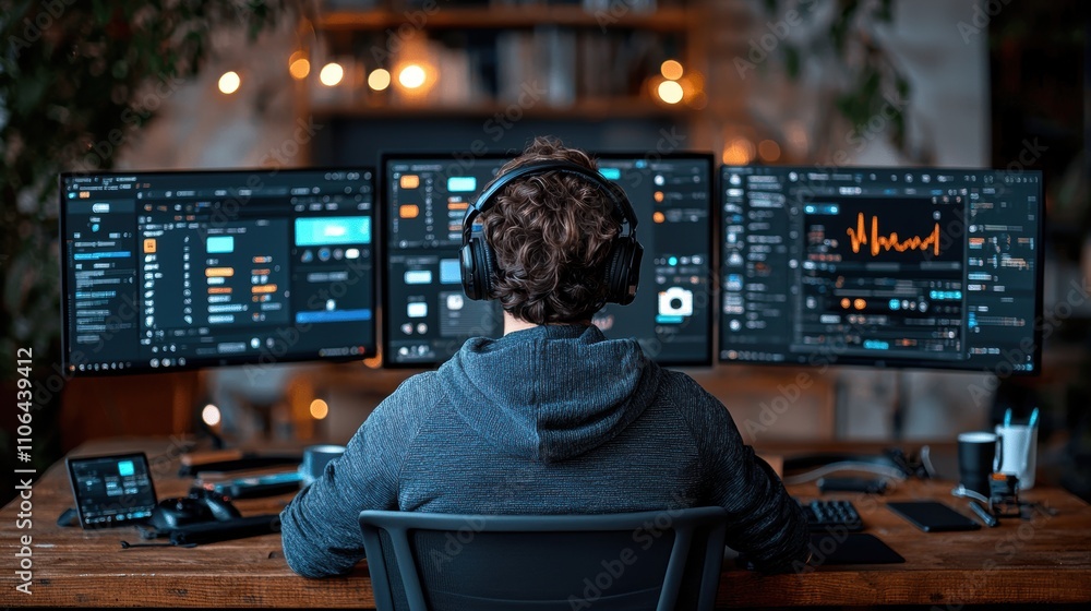 Aufkleber man in a hoodie wearing headphones, sitting at a wooden desk with multiple monitors displaying data 