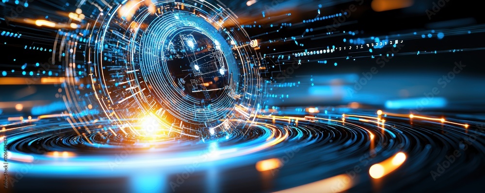 Poster futuristic digital sphere with glowing blue and orange light effects surrounded by dynamic data line