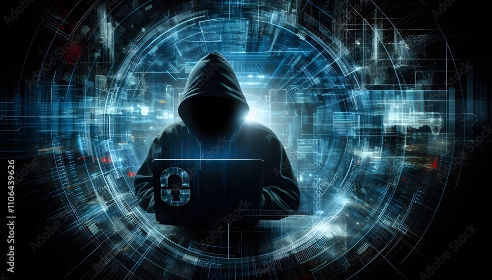 Poster anonymous hacker in hoodie surrounded by digital interface elements representing cybersecurity threa