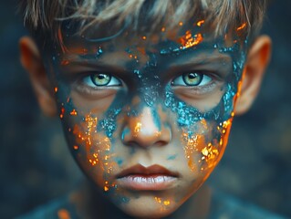 Intense close up of a young boy with textured blue and orange paint on his face piercing eyes and moody lighting reflecting resilience emotional depth and bold artistic energy