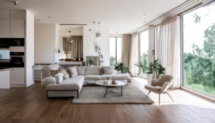 Fototapeta premium Elegant White Apartment Interior in Wide-Angle View 3D Rendering