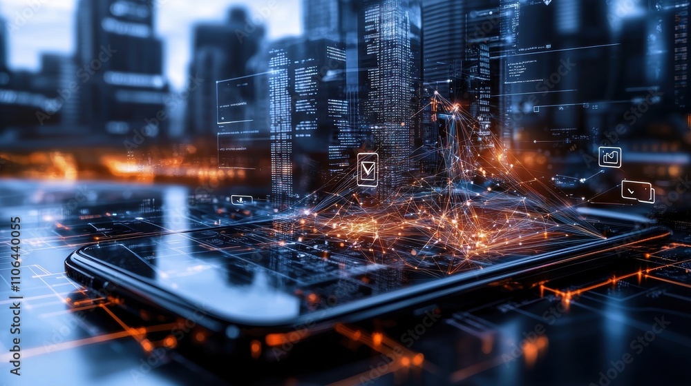 Aufkleber smartphone displaying a futuristic holographic interface with digital data connections and cityscape