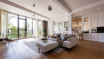 Fototapeta premium Elegant White Apartment Interior in Wide-Angle View 3D Rendering