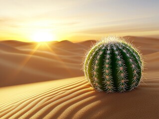 Dramatic desert landscape, golden sand dunes with crisp shadows, sun halfway setting, a lonely cactus in the foreground