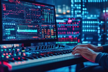 Obraz premium A professional musician producing electronic beats on stateoftheart equipment in a futuristic studio front view expressing creativity technology tone Vivid