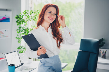 Photo of lovely young lady hold papers smart financier dressed formalwear modern startup office...