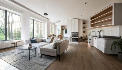 Fototapeta premium Elegant White Apartment Interior in Wide-Angle View 3D Rendering