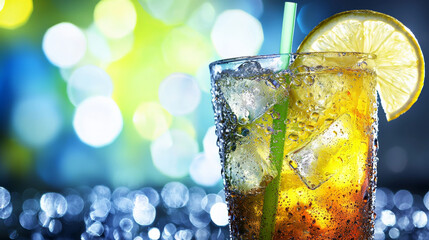 refreshing iced green tea lemonade with lemon slice, perfect for post workout treat. vibrant colors and condensation on glass enhance its appeal