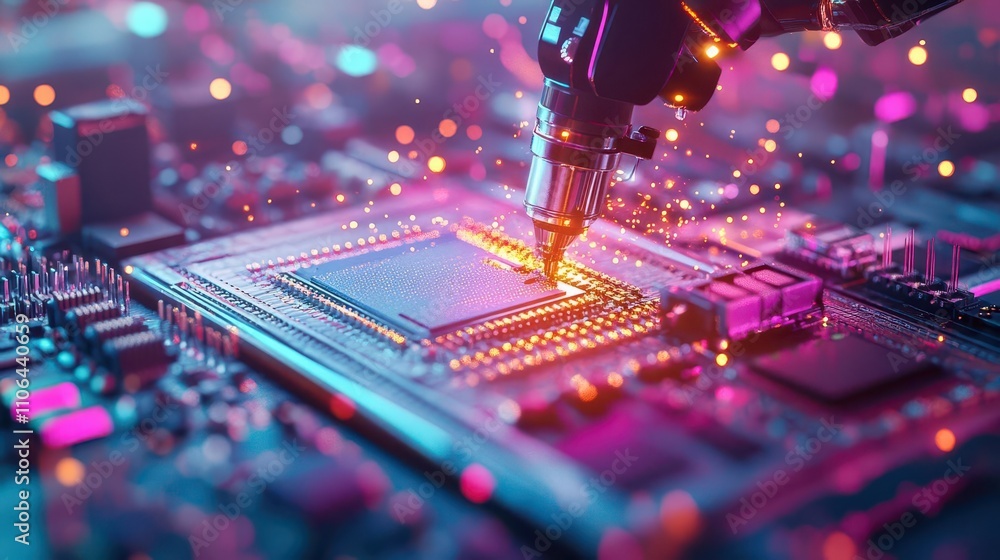 Poster a robotic arm assembling microchips on a production line, glowing sparks and precise movements, cybe