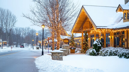 cozy lodge adorned with twinkling lights welcomes guests on snowy evening. charming atmosphere creates warm and inviting scene, perfect for winter gatherings