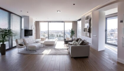 Fototapeta premium Elegant White Apartment Interior in Wide-Angle View 3D Rendering