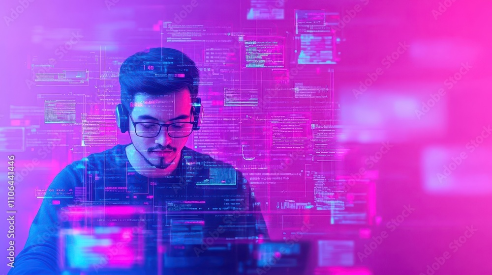 Poster A software developer coding in a vibrant space filled with futuristic hardware and holograms front view symbolizing progress scifi tone Analogous Color Scheme