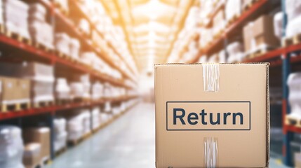 A cardboard box labeled 'Return' stands in a warehouse setting filled with shelves of packaged goods.