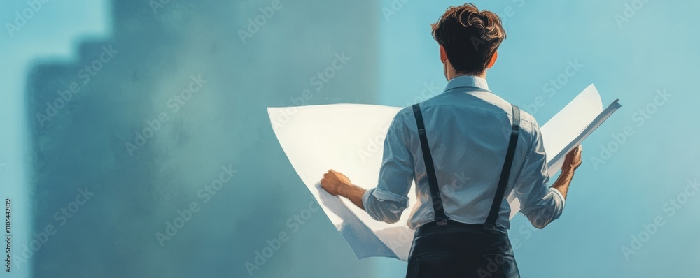 Aufkleber man holding large architectural blueprint with skyscraper silhouette in the background. digital pain