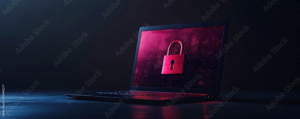 Aufkleber open laptop with red lock icon on screen against a dark background. cybersecurity and data protectio