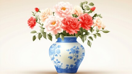 Large Porcelain Vase With Vibrant Flowers and Classic Blue and White Patterns