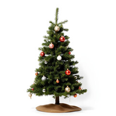 A decorated Christmas tree with ornaments on a white background