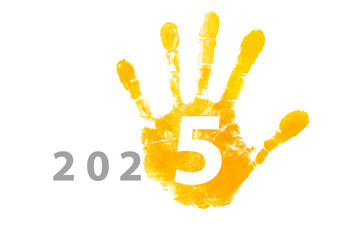 2025 year with yellow hand print for New Year card and 2025 calendar