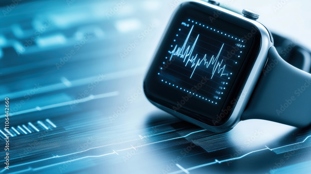 Poster smartwatch displaying heart rate data on a futuristic digital interface, ai