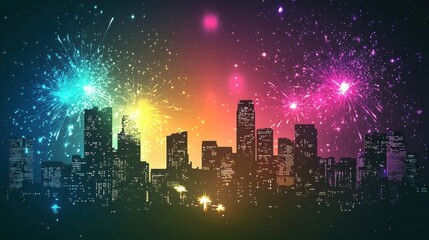 Naklejka premium A vibrant city skyline sparkles under a night sky as colorful fireworks burst and light up the horizon in celebration. Generative AI