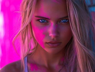 Naklejka premium Close up portrait of a woman illuminated by neon pink and purple light emphasizing vibrant energy bold styling and contemporary artistic expression