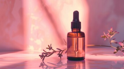 Cosmetic oil dropper bottle shadow in warm hue on soft pink, exudes calm and natural beauty with simple elegance.