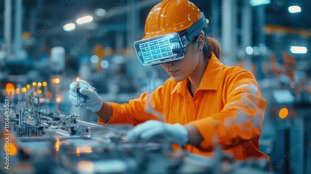 Poster a worker using augmented reality glasses to check off a holographic quality checklist while examinin