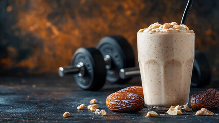 creamy almond date shake sits on table, surrounded by dates and nuts, with dumbbells in background, creating perfect post workout snack scene