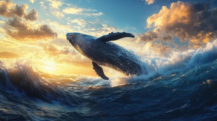 Obraz premium Whale Leaps Gracefully Into the Air Against a Vibrant Sunset and Rolling Waves