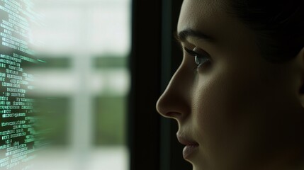 Focused young woman analyzing data on a digital screen with a contemplative expression.