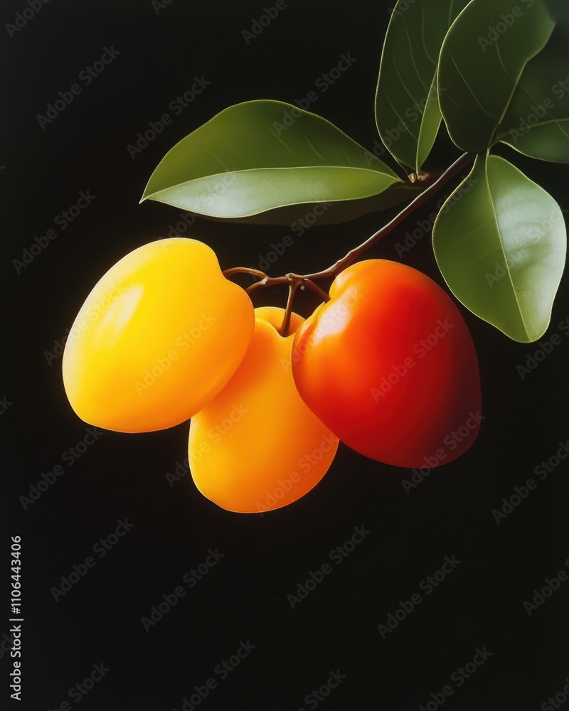Poster vibrant ackee apples hanging gracefully from a branch against a dark backdrop