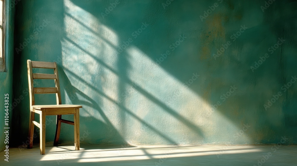 Poster lonely wooden chair resting in an empty room illuminated by soft shadows
