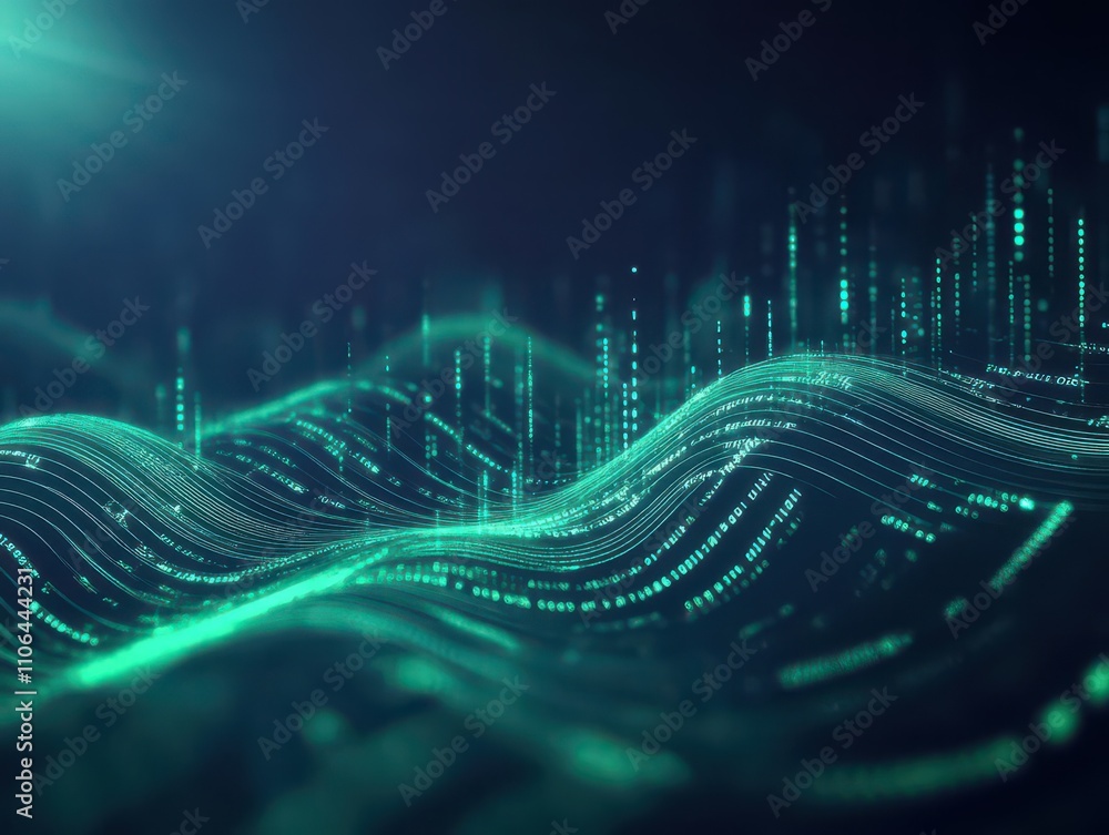 Poster abstract waves of luminous green data scrolling across a dark screen, low angle, moody cinematic glo