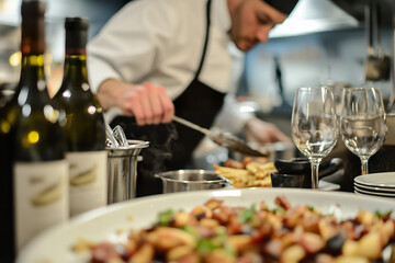 Chef preparing an exquisite meal in a bustling kitchen with wine and glasses nearby