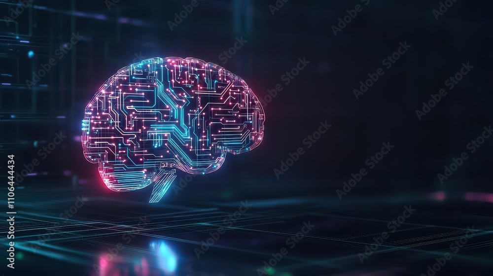 Poster An AI neural network visualized as glowing circuits, shaped like a human brain, floating in a dark matrix background, Futuristic, Neon, Digital Art