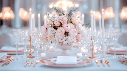 Majestic wedding table with towering floral centerpiece, crystal candelabras, fine china, ornate gold cutlery, royal elegance, evening ambiance
