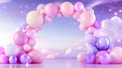 Celebration backdrop, pastel balloon arch, stars on a soft gradient sky