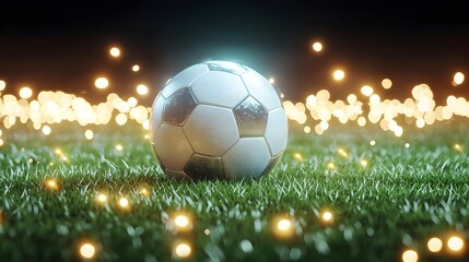 Fototapeta premium Close-up of soccer ball on line, lush green grass, stadium lights reflecting on ball, crowd slightly blurred, cinematic glow, realistic textures