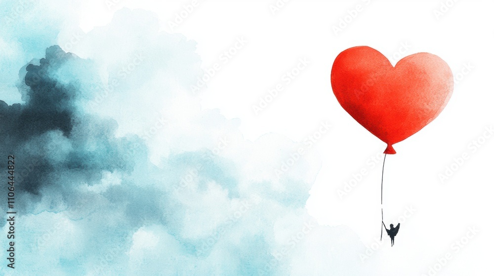 Poster red heart-shaped balloon floating with a small figure hanging on a string against a watercolor cloud