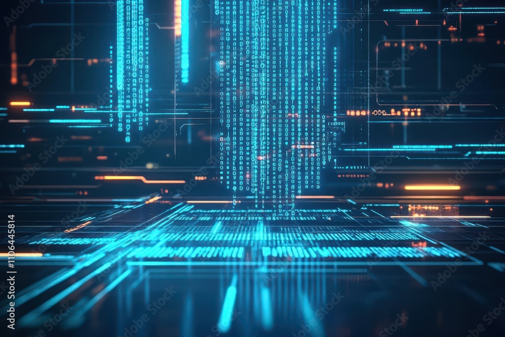 Poster bright holographic interface with flowing binary codes in vibrant blue tones, overhead angle, cinema