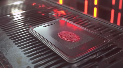 Close-up of a fingerprint scanner with a glowing red fingerprint on a sleek metallic surface.