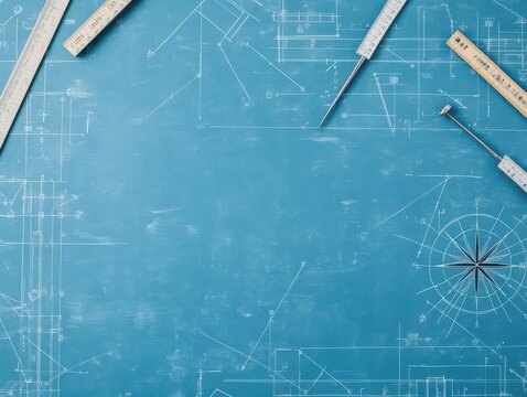 Blueprint drafts spread across a table with compasses and rulers, top view, illustrating the precision of architectural design, cybernetic tone, black and white