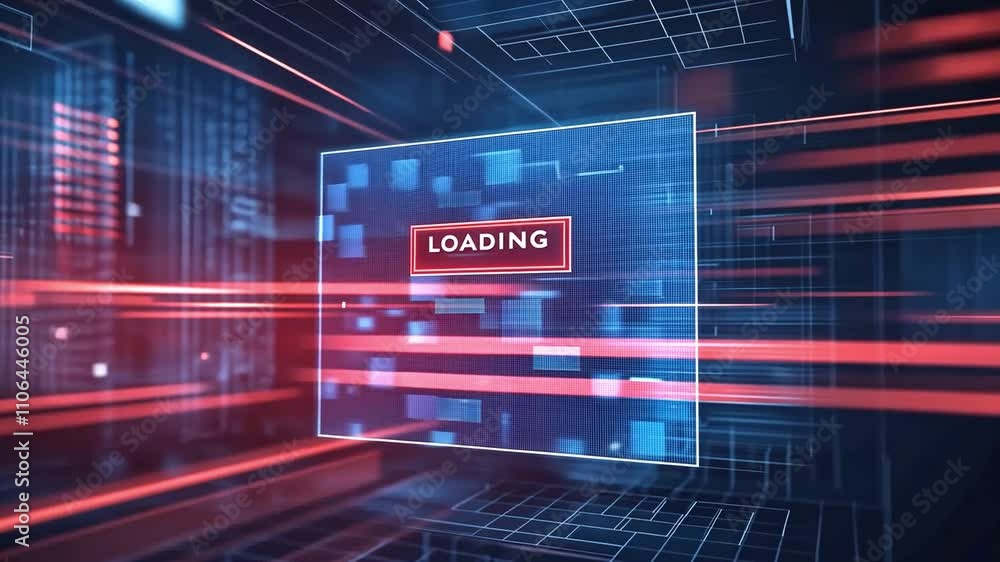Poster abstract digital interface with loading animation in vibrant red and blue colors