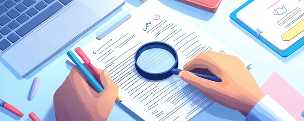 Hands holding magnifying glass and colored pens over a checklist on a white desk with office supplies.