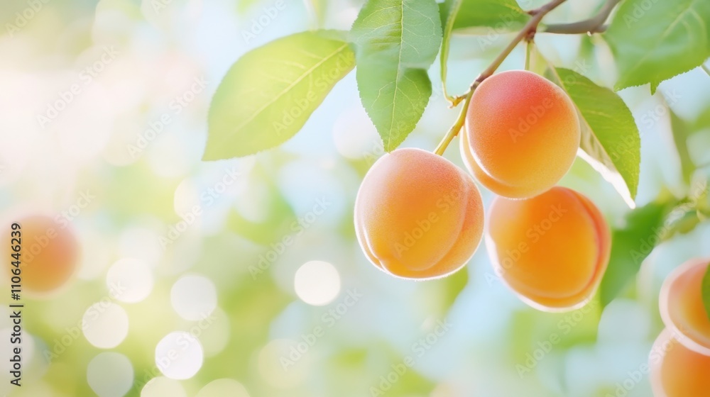 Poster ripe apricots basking in gentle sunlight create a serene, inviting atmosphere in the orchard