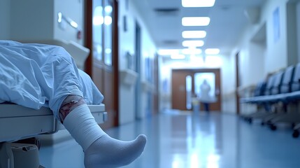 A plaster cast covering a broken leg elevated on a hospital bed, with a blurry hospital door and waiting area in the background