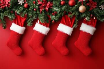 Three vibrant red stockings dangle from a richly decorated Christmas tree, adorned with sparkling ornaments that twinkle like stars in the festive glow.