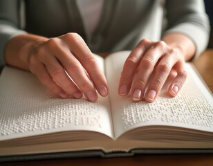 A close-up of hands gently reading a Braille book. The textured dots on the page are clearly visible, symbolizing the power of tactile literacy and the importance of accessible education. The atmosphe