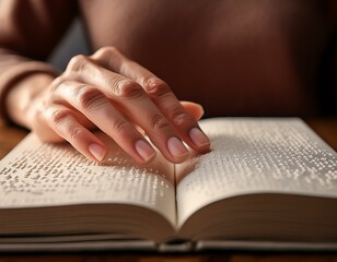 A close-up of hands gently reading a Braille book. The textured dots on the page are clearly visible, symbolizing the power of tactile literacy and the importance of accessible education. The atmosphe