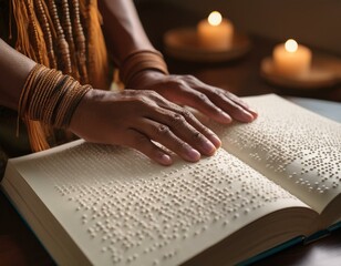 A close-up of hands gently reading a Braille book. The textured dots on the page are clearly visible, symbolizing the power of tactile literacy and the importance of accessible education. The atmosphe